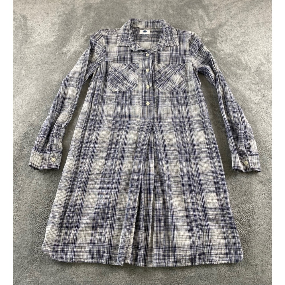 Old Navy Womens XS Blue White Plaid Long Sleeve Button Front Shirt Dress Rayon